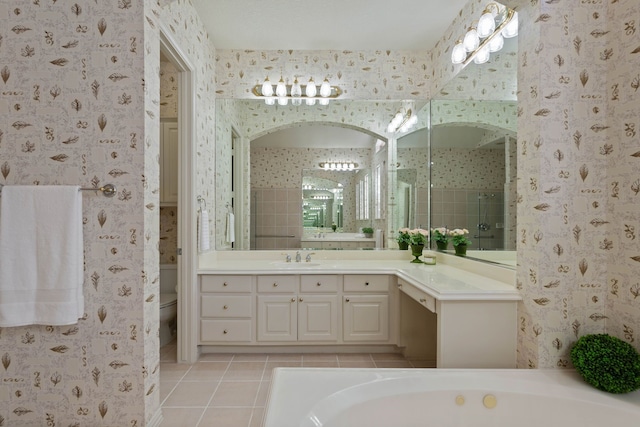 102 W Racing Cloud Ct, The Woodlands, TX 77381 - full bath with wallpapered walls, tile patterned flooring, vanity, a bath, and a tile shower