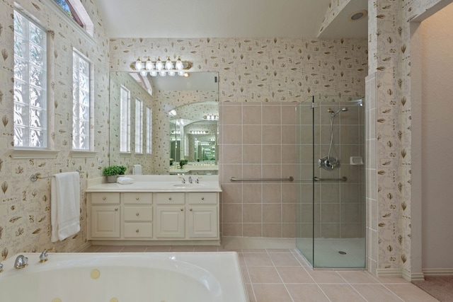 102 W Racing Cloud Ct, The Woodlands, TX 77381 - bathroom featuring a shower stall, vanity, a whirlpool tub, and tile patterned floors