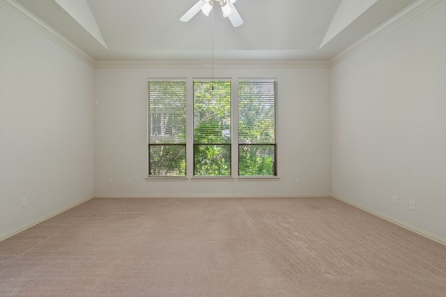 102 W Racing Cloud Ct, The Woodlands, TX 77381 - unfurnished room with light carpet, ceiling fan, lofted ceiling, and ornamental molding