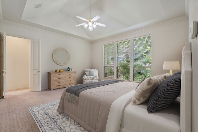 102 W Racing Cloud Ct, The Woodlands, TX 77381 - bedroom featuring carpet flooring, lofted ceiling, ceiling fan, and ornamental molding
