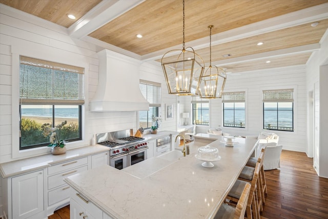 4223 Swashbuckle, Galveston, TX 77554 - kitchen featuring healthy amount of natural light, dark wood-style floors, a wooden ceiling with exposed beams, double oven range, and recessed lighting