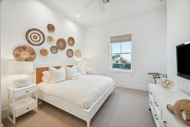 4223 Swashbuckle, Galveston, TX 77554 - bedroom featuring ornamental molding, light carpet, and ceiling fan