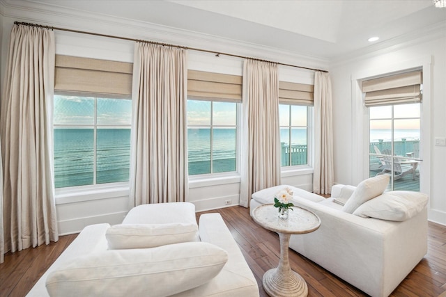 4223 Swashbuckle, Galveston, TX 77554 - living room featuring ornamental molding, wood finished floors, recessed lighting, and a water view