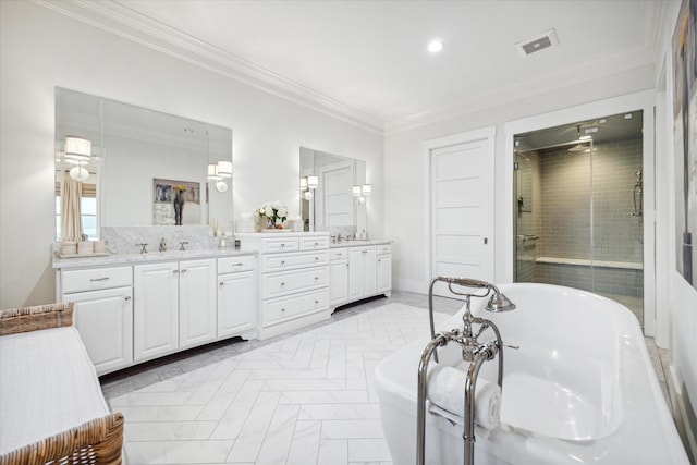 4223 Swashbuckle, Galveston, TX 77554 - bathroom featuring double vanity, a shower stall, ornamental molding, recessed lighting, and a freestanding bath
