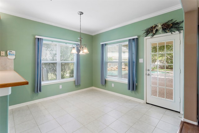 402 Starleaf Ln, Pearland, TX 77584 - unfurnished dining area featuring healthy amount of natural light, a chandelier, and crown molding
