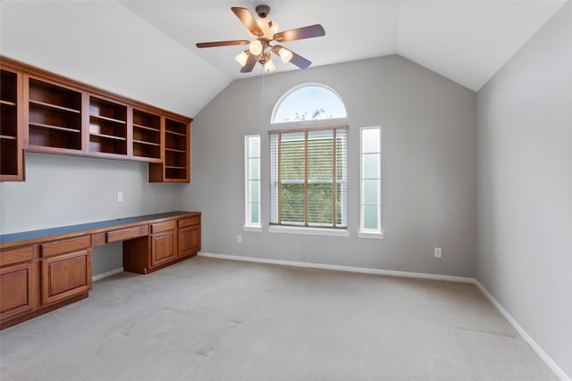 402 Starleaf Ln, Pearland, TX 77584 - unfurnished office featuring built in desk, light colored carpet, a ceiling fan, and lofted ceiling