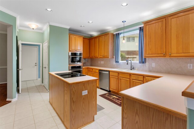 402 Starleaf Ln, Pearland, TX 77584 - kitchen featuring light countertops, backsplash, appliances with stainless steel finishes, ornamental molding, and recessed lighting