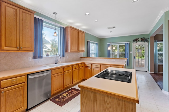 402 Starleaf Ln, Pearland, TX 77584 - kitchen with stainless steel dishwasher, light tile patterned floors, tasteful backsplash, a peninsula, and recessed lighting