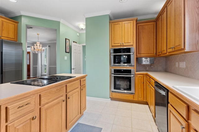 402 Starleaf Ln, Pearland, TX 77584 - kitchen with stainless steel appliances, ornamental molding, a chandelier, decorative backsplash, and light countertops