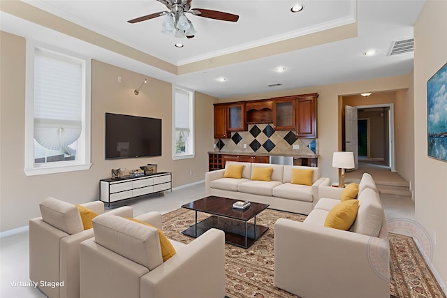 402 Starleaf Ln, Pearland, TX 77584 - living room with ceiling fan, recessed lighting, and ornamental molding