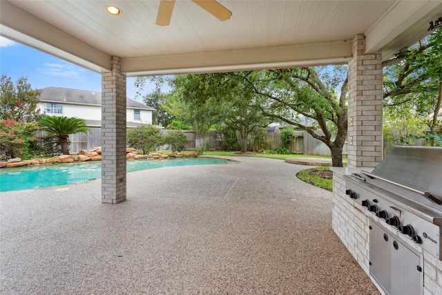 402 Starleaf Ln, Pearland, TX 77584 - view of swimming pool featuring a fenced backyard, ceiling fan, a grill, and a patio