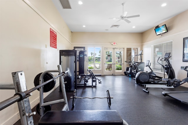 402 Starleaf Ln, Pearland, TX 77584 - workout area with ceiling fan, recessed lighting, and french doors