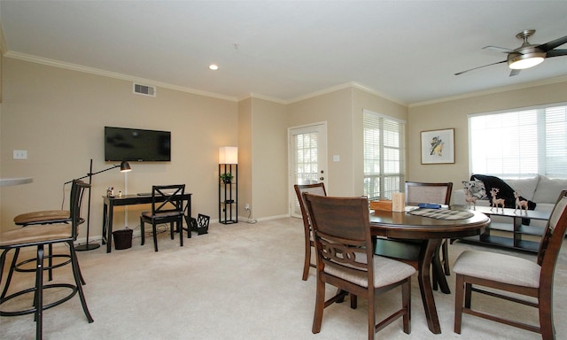 6607 Lake Woodlands Dr Unit 223, The Woodlands, TX 77382 - dining room with light colored carpet, crown molding, ceiling fan, and recessed lighting