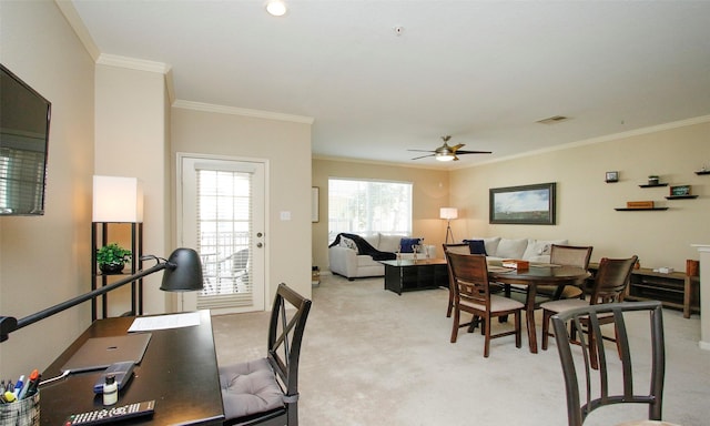 6607 Lake Woodlands Dr Unit 223, The Woodlands, TX 77382 - dining room with light carpet, crown molding, and a ceiling fan