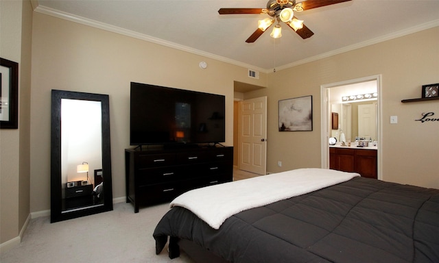 6607 Lake Woodlands Dr Unit 223, The Woodlands, TX 77382 - bedroom with crown molding, light colored carpet, connected bathroom, and ceiling fan