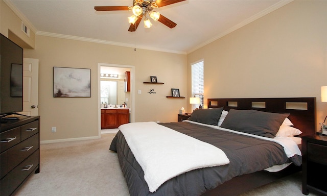 6607 Lake Woodlands Dr Unit 223, The Woodlands, TX 77382 - bedroom with ornamental molding, light carpet, connected bathroom, and ceiling fan