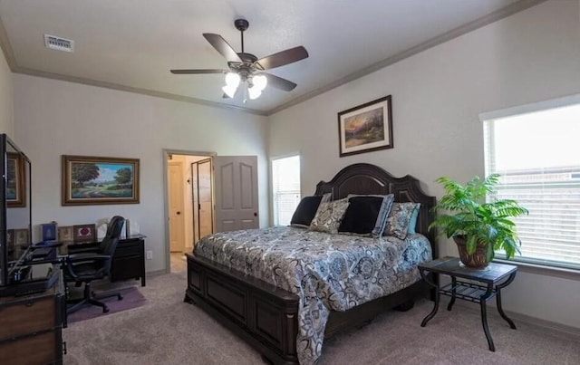 2977 Presidio Cir, Belton, TX 76513 - bedroom with light colored carpet, crown molding, an office area, and a ceiling fan