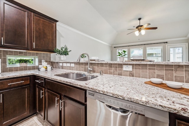 31703 Morning Ridge Ln, Spring, TX 77386 - kitchen featuring dishwasher, backsplash, light stone countertops, a ceiling fan, and lofted ceiling