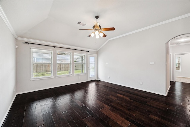 31703 Morning Ridge Ln, Spring, TX 77386 - unfurnished room featuring vaulted ceiling, arched walkways, a ceiling fan, healthy amount of natural light, and hardwood / wood-style flooring