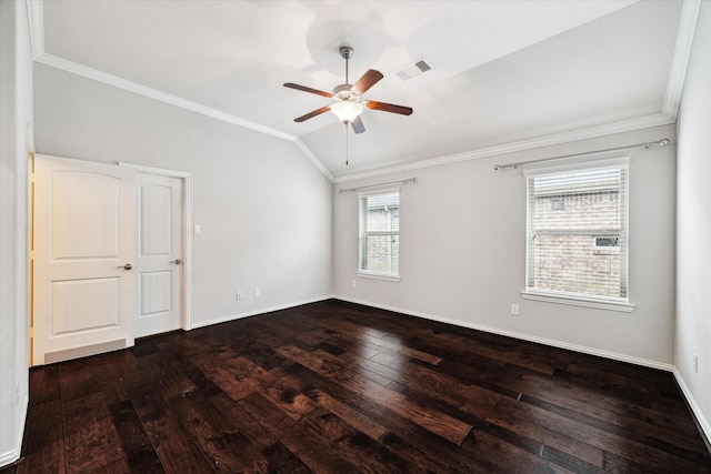 31703 Morning Ridge Ln, Spring, TX 77386 - spare room featuring ornamental molding, lofted ceiling, hardwood / wood-style floors, and a ceiling fan
