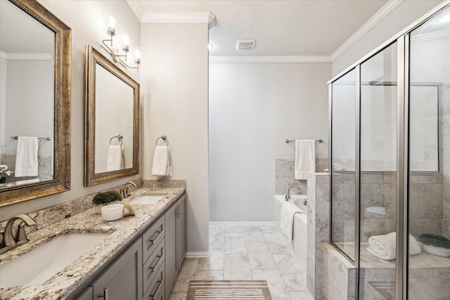 31703 Morning Ridge Ln, Spring, TX 77386 - full bath featuring a garden tub, crown molding, double vanity, a stall shower, and marble finish flooring