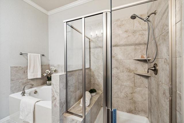 31703 Morning Ridge Ln, Spring, TX 77386 - full bath with crown molding, a bath, and a stall shower