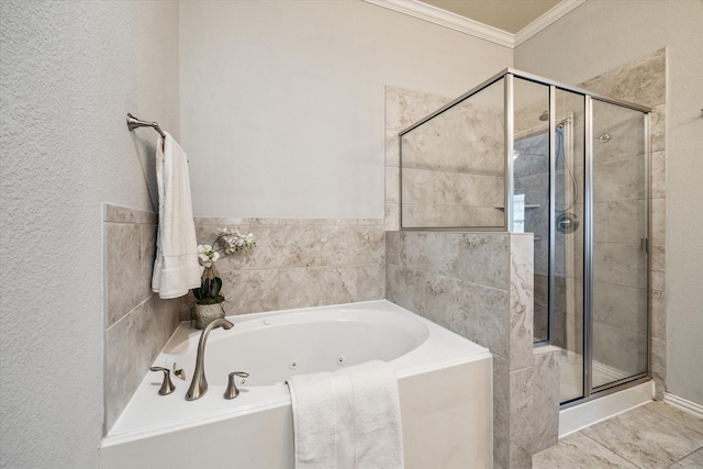 31703 Morning Ridge Ln, Spring, TX 77386 - full bathroom featuring ornamental molding, a shower stall, and a whirlpool tub