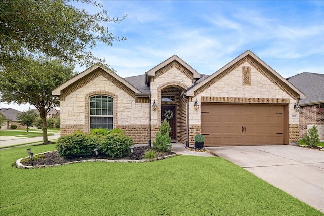 31703 Morning Ridge Ln, Spring, TX 77386 - french country home with a front yard, a garage, stone siding, driveway, and a shingled roof