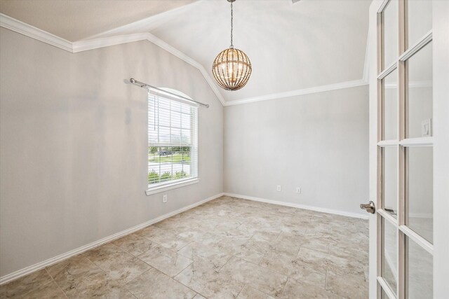 31703 Morning Ridge Ln, Spring, TX 77386 - spare room featuring lofted ceiling, a chandelier, and ornamental molding