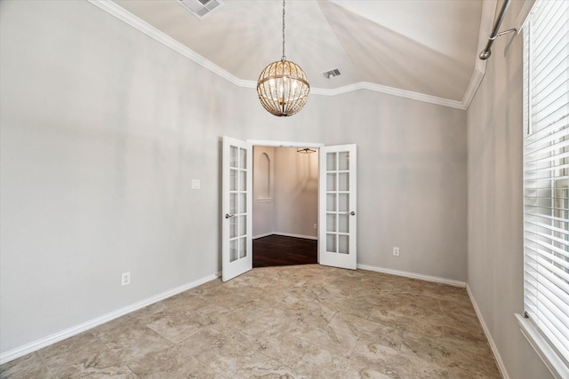 31703 Morning Ridge Ln, Spring, TX 77386 - unfurnished room featuring french doors, a chandelier, crown molding, and high vaulted ceiling
