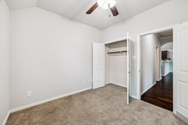 31703 Morning Ridge Ln, Spring, TX 77386 - unfurnished bedroom with carpet flooring, a closet, ceiling fan, and lofted ceiling