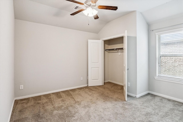 31703 Morning Ridge Ln, Spring, TX 77386 - unfurnished bedroom with carpet, vaulted ceiling, a closet, and a ceiling fan