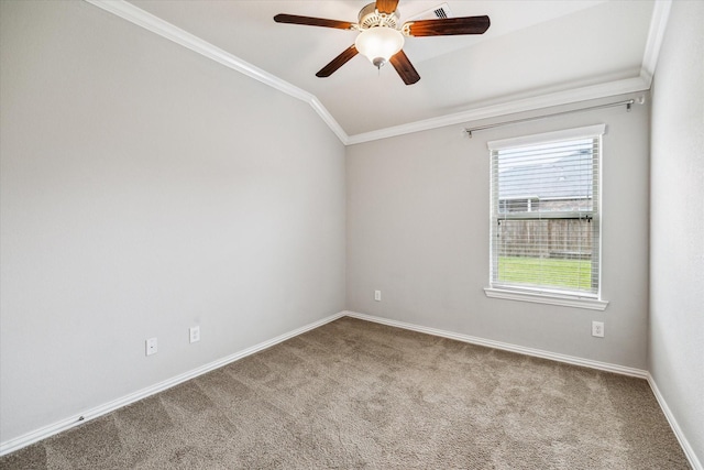 31703 Morning Ridge Ln, Spring, TX 77386 - carpeted empty room with ornamental molding, vaulted ceiling, and a ceiling fan