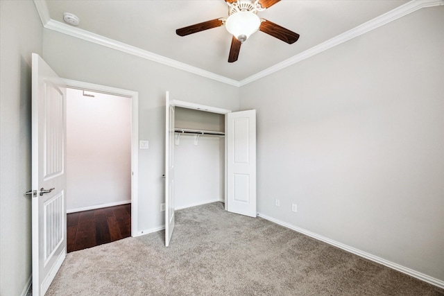 31703 Morning Ridge Ln, Spring, TX 77386 - unfurnished bedroom with carpet flooring, crown molding, a closet, and a ceiling fan