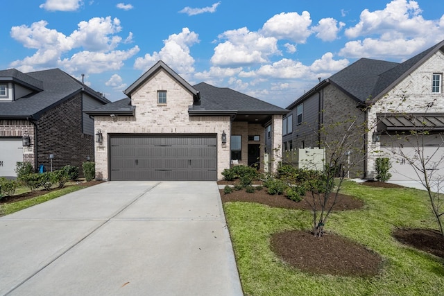 17746 Tree Of Heaven, Conroe, TX 77385 - french country inspired facade featuring a garage, brick siding, concrete driveway, a front lawn, and a shingled roof