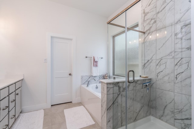 17746 Tree Of Heaven, Conroe, TX 77385 - bathroom with a bath, a marble finish shower, and vanity