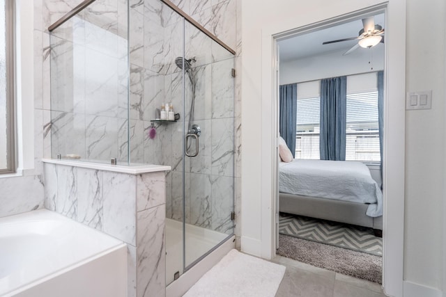 17746 Tree Of Heaven, Conroe, TX 77385 - ensuite bathroom with a bath, a marble finish shower, and ceiling fan