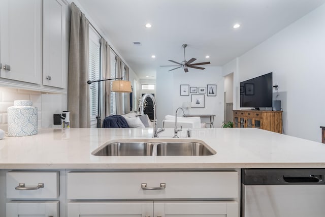 17746 Tree Of Heaven, Conroe, TX 77385 - kitchen featuring dishwasher, open floor plan, white cabinetry, ceiling fan, and recessed lighting