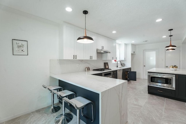 28926 Twisted Oak Dr, Shenandoah, TX 77381 - kitchen with stainless steel appliances, under cabinet range hood, light stone countertops, white cabinetry, and a peninsula