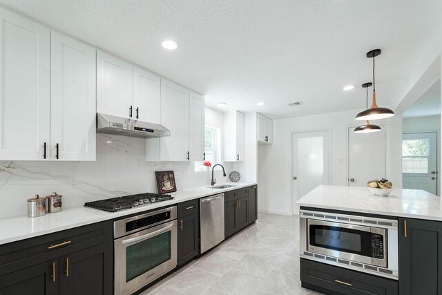 28926 Twisted Oak Dr, Shenandoah, TX 77381 - kitchen with stainless steel appliances, under cabinet range hood, white cabinets, dark cabinets, and decorative light fixtures