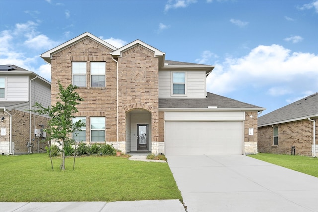 2435 Palmer Lake Ln, Spring, TX 77373 - traditional home with driveway, a front yard, brick siding, a shingled roof, and stone siding