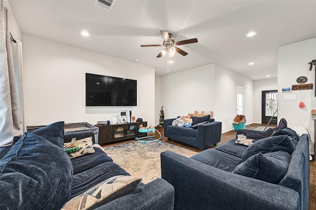 2435 Palmer Lake Ln, Spring, TX 77373 - living room featuring ceiling fan and recessed lighting