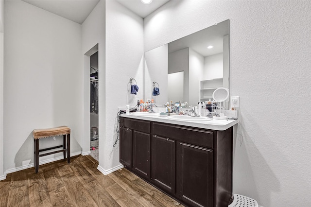 2435 Palmer Lake Ln, Spring, TX 77373 - bathroom featuring wood finished floors, double vanity, a textured wall, and a walk in closet
