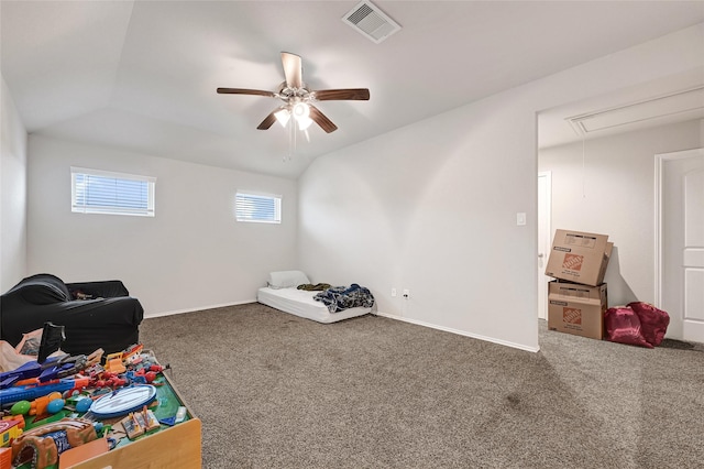 2435 Palmer Lake Ln, Spring, TX 77373 - rec room with attic access, a ceiling fan, carpet floors, and vaulted ceiling