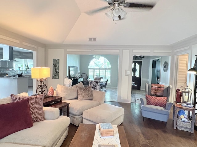 8819 W Rayford Rd, Tomball, TX 77375 - living room with dark wood-type flooring, a ceiling fan, and lofted ceiling