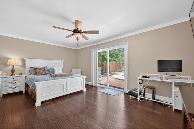 5903 Havenwoods Dr, Houston, TX 77066 - bedroom featuring access to outside, crown molding, dark wood finished floors, and a ceiling fan