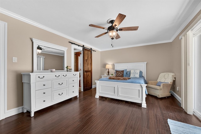5903 Havenwoods Dr, Houston, TX 77066 - bedroom featuring a barn door, dark wood-style floors, ornamental molding, and a ceiling fan