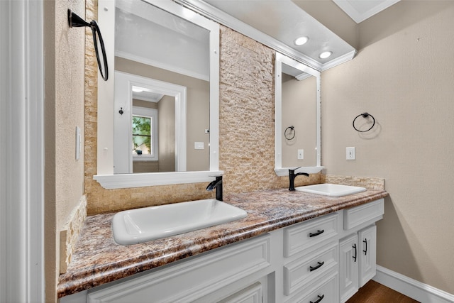 5903 Havenwoods Dr, Houston, TX 77066 - full bathroom with crown molding and double vanity