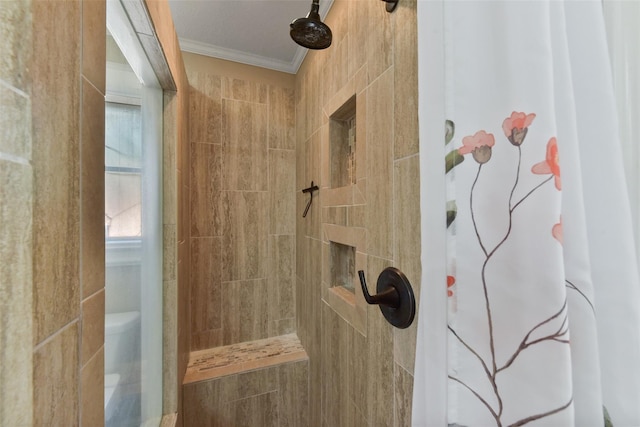 5903 Havenwoods Dr, Houston, TX 77066 - bathroom featuring ornamental molding and a tile shower
