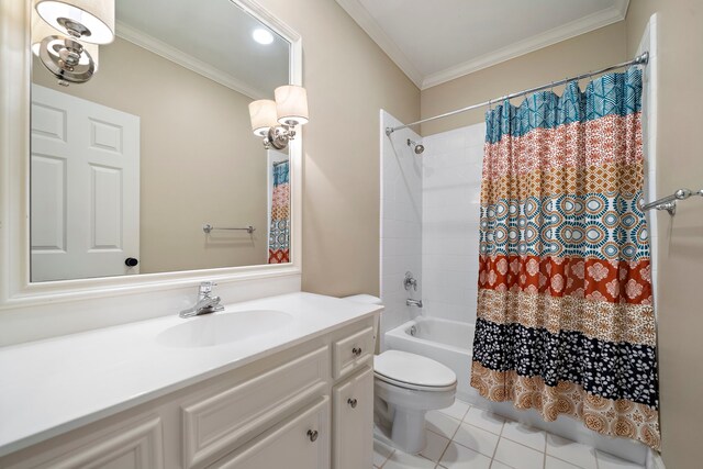 1229 Ripple Creek Dr, Houston, TX 77057 - bathroom with ornamental molding, shower / bath combination with curtain, vanity, and tile patterned flooring
